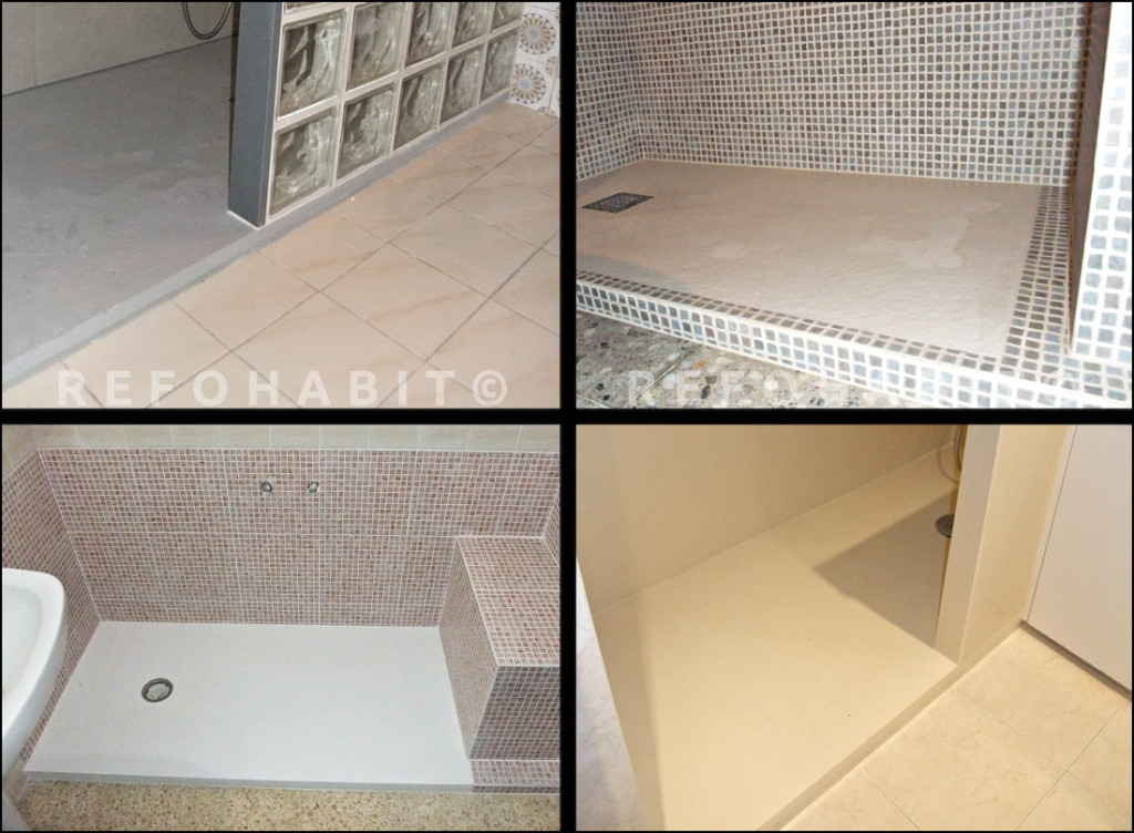 Platos de ducha de resina, colores diferentes, instalados en reformas parciales de baño con cambio de bañera por plato de ducha en Barcelona.